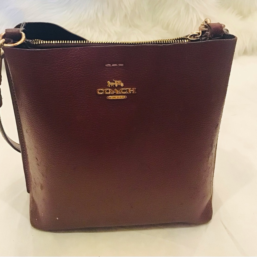 Coach Pebbled Leather Crossbody in Deep Burgundy with Gold Hardware